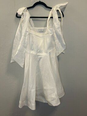 Dissh Aisle Pearl Bow Linen Mini Short Tie Sleeveless Dress White Size 6